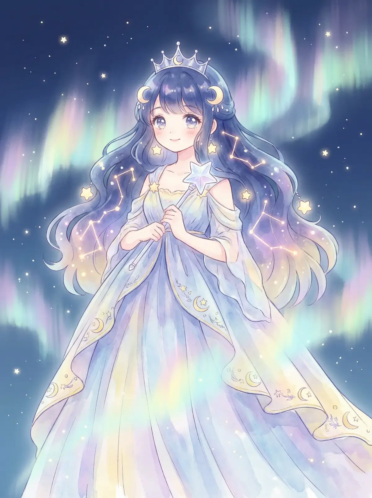 ellen saint - 星辰公主希尔角色设定图，手持星光权杖